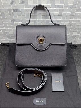 Versace Medium Vitello Leather Medusa Top Handle Bag Black Gold Crossbody Strap